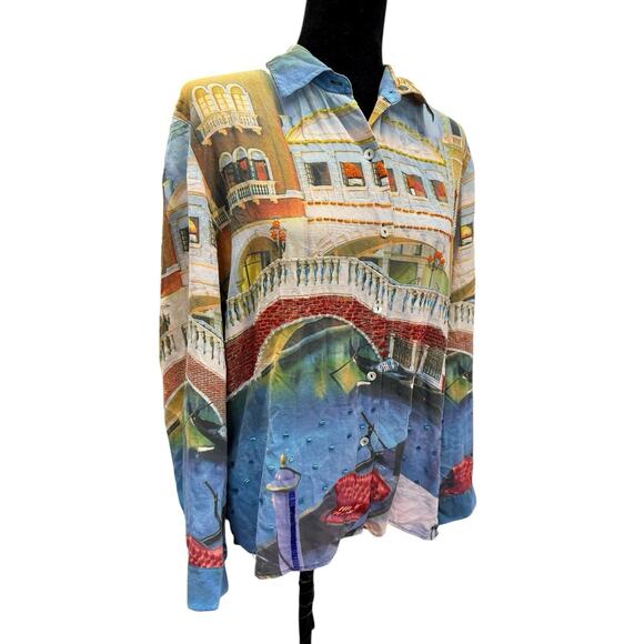 Nicole Taylor Venice Scenic Beaded Silk Shirt Large Gondola Italy Print - Picture 3 of 9